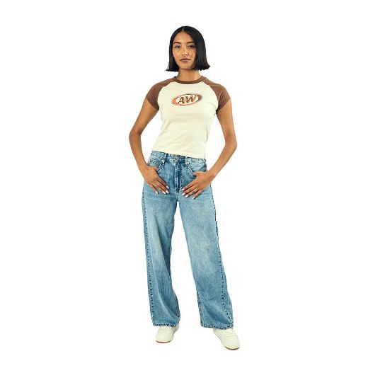 Picture of A&W Distressed Raglan Juniors Cropped Baby Tee